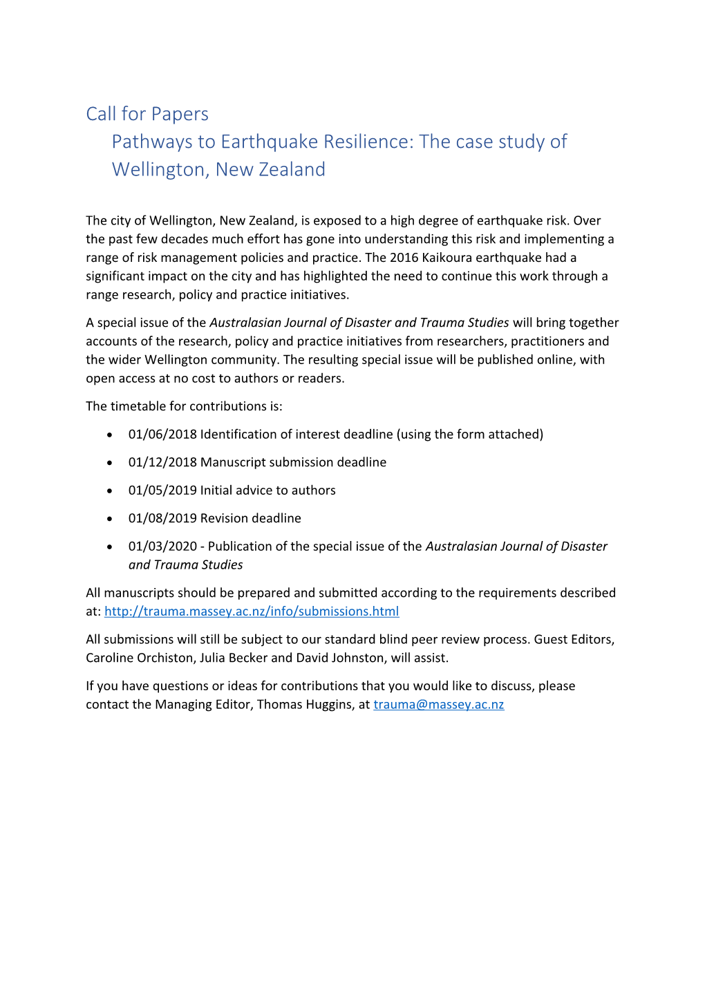 Call for Papers Pathways to Earthquake Resilience: the Case Study of Wellington, New Zealand