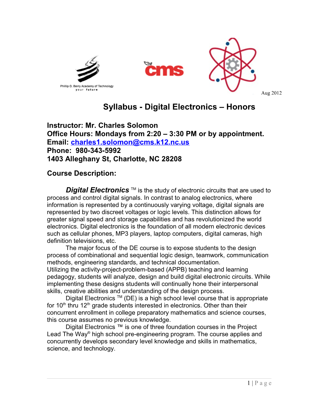 Syllabus - Digital Electronics Honors