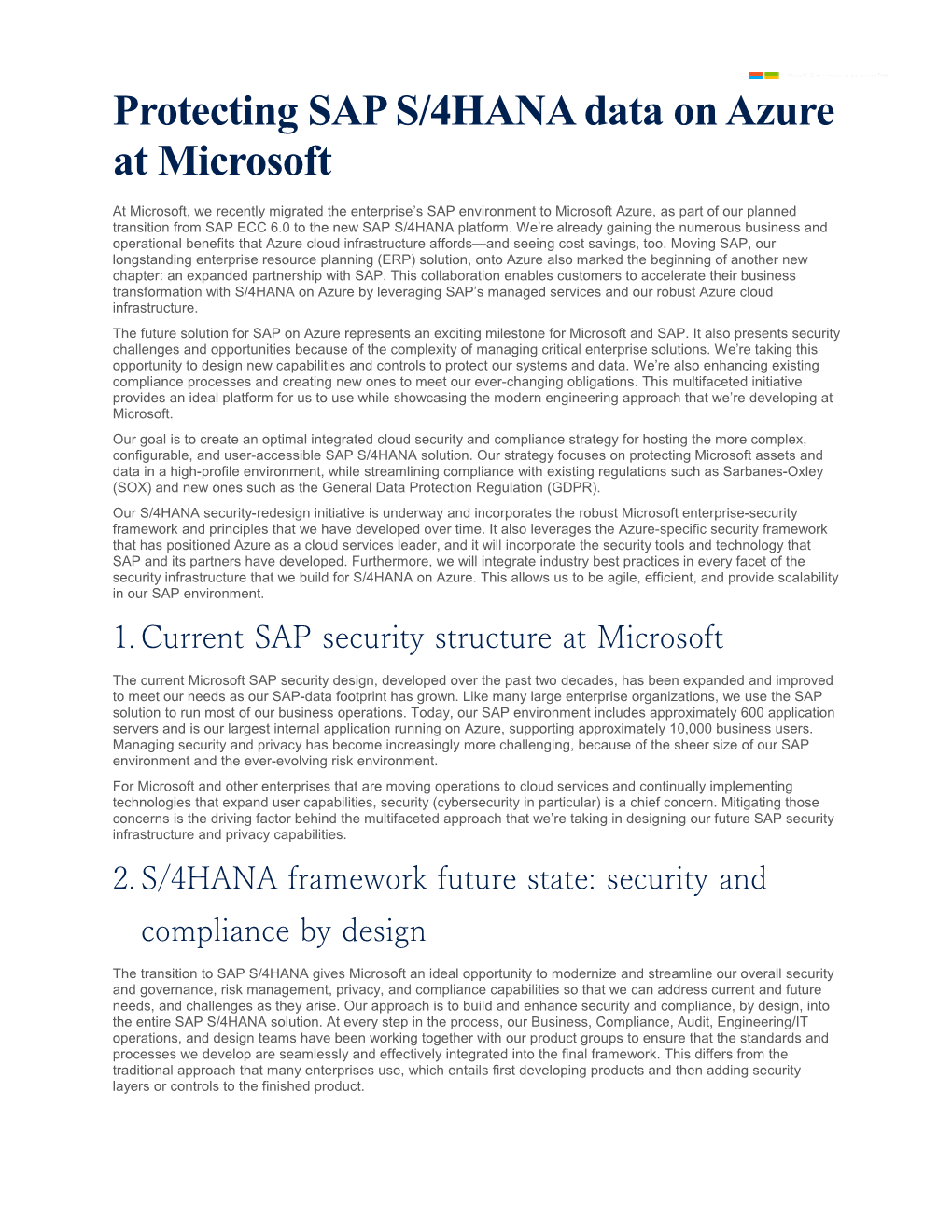 Page 1 Protecting SAP S/4HANA Data on Azure at Microsoft