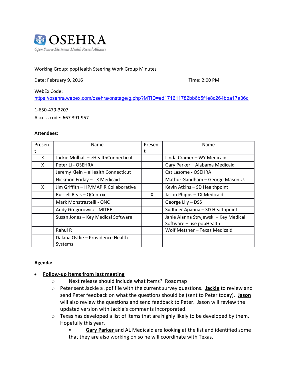 Working Group: Pophealth Steering Work Group Minutes