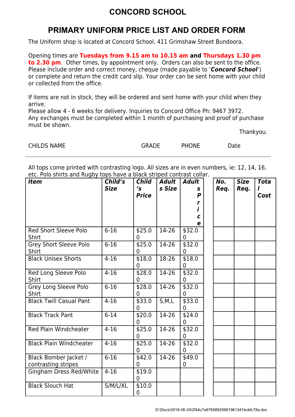 Concord School Uniform Price List and Order Form