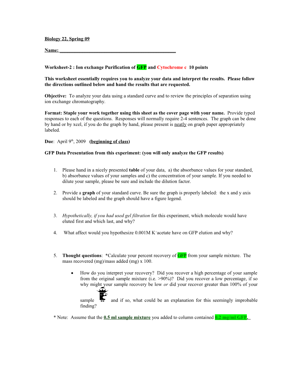 Worksheet for Purification of an Endonuclease