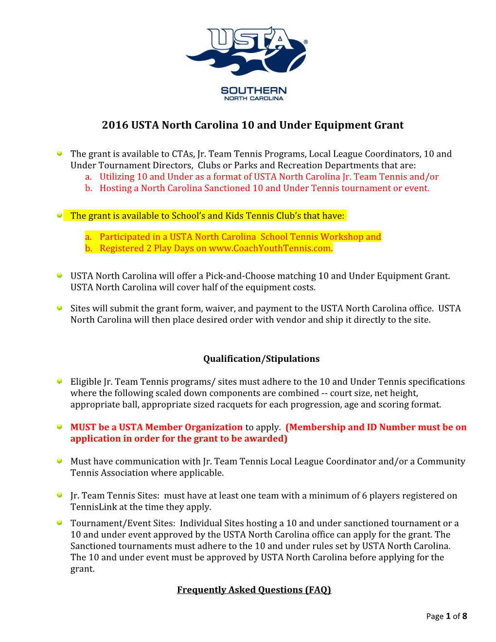 2016 USTA North Carolina 10 and Under Equipment Grant