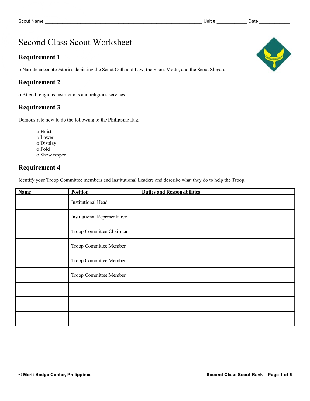Second Class Scout Rank Worksheet