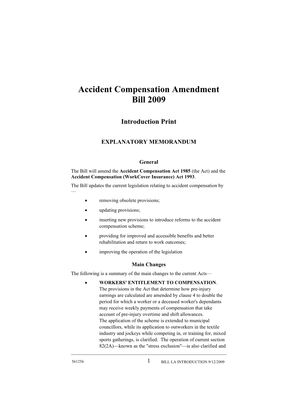 Accident Compensation Amendment Bill 2009