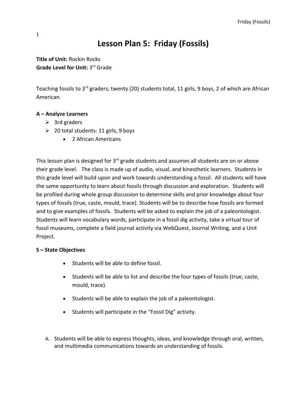 Lesson Plan 5: Friday (Fossils)