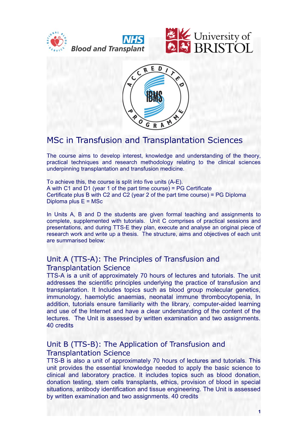 Msc in Transfusion and Transplantation Sciences