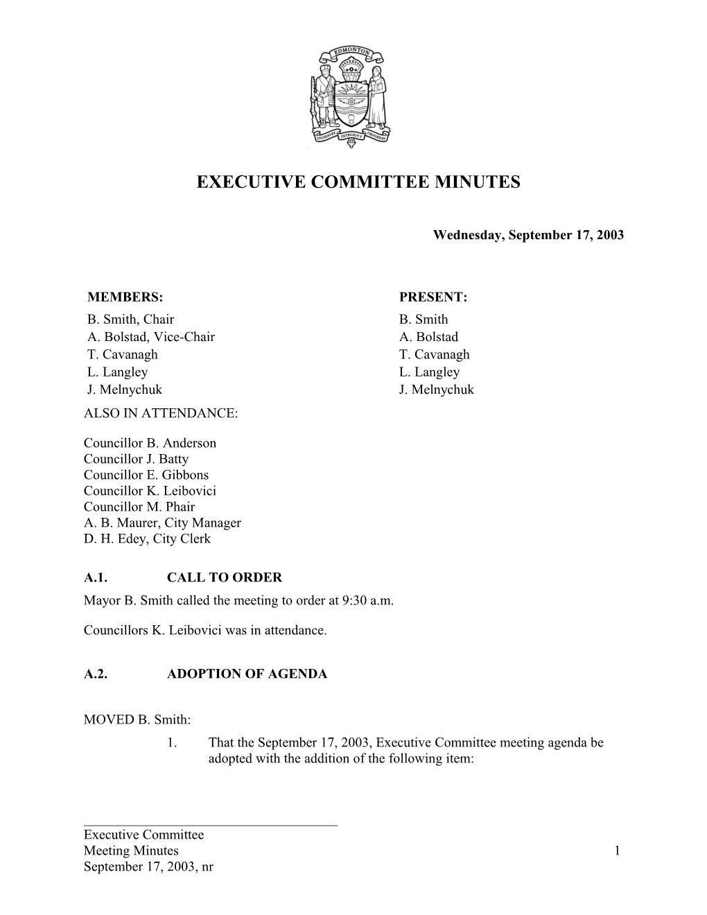 Minutes for Executive Committee September 17, 2003 Meeting