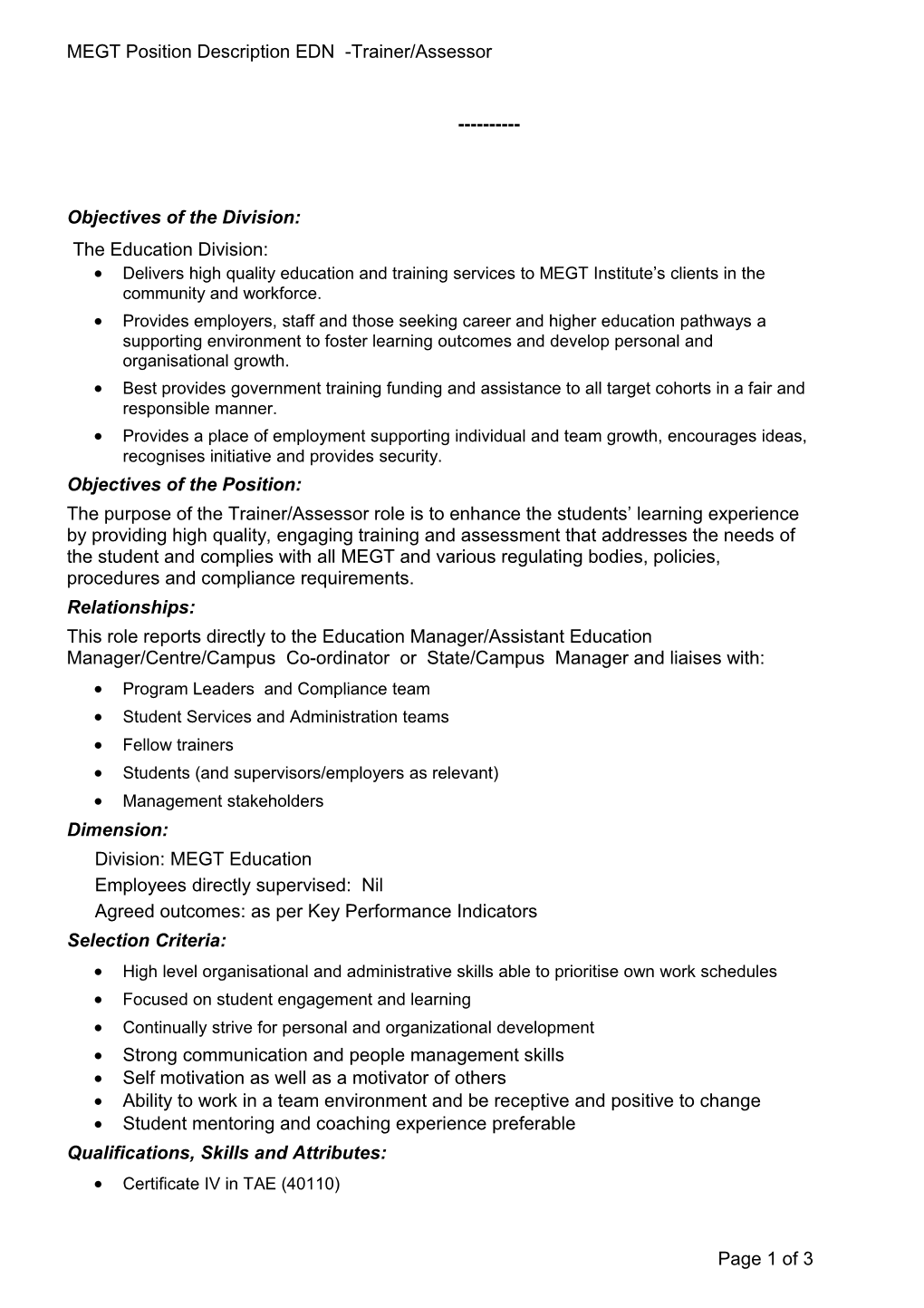 MEGT Position Description EDN -Trainer/Assessor