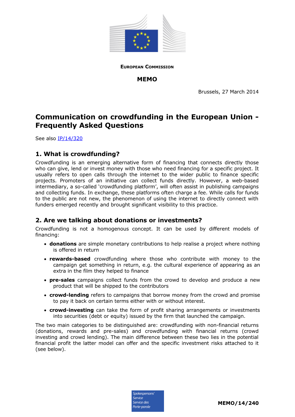 Communication on Crowdfunding in the European Union - Frequently Asked Questions