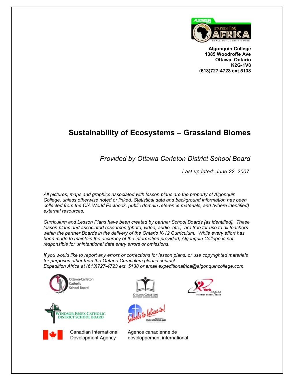 Sustainability of Ecosystems Grassland Biomes