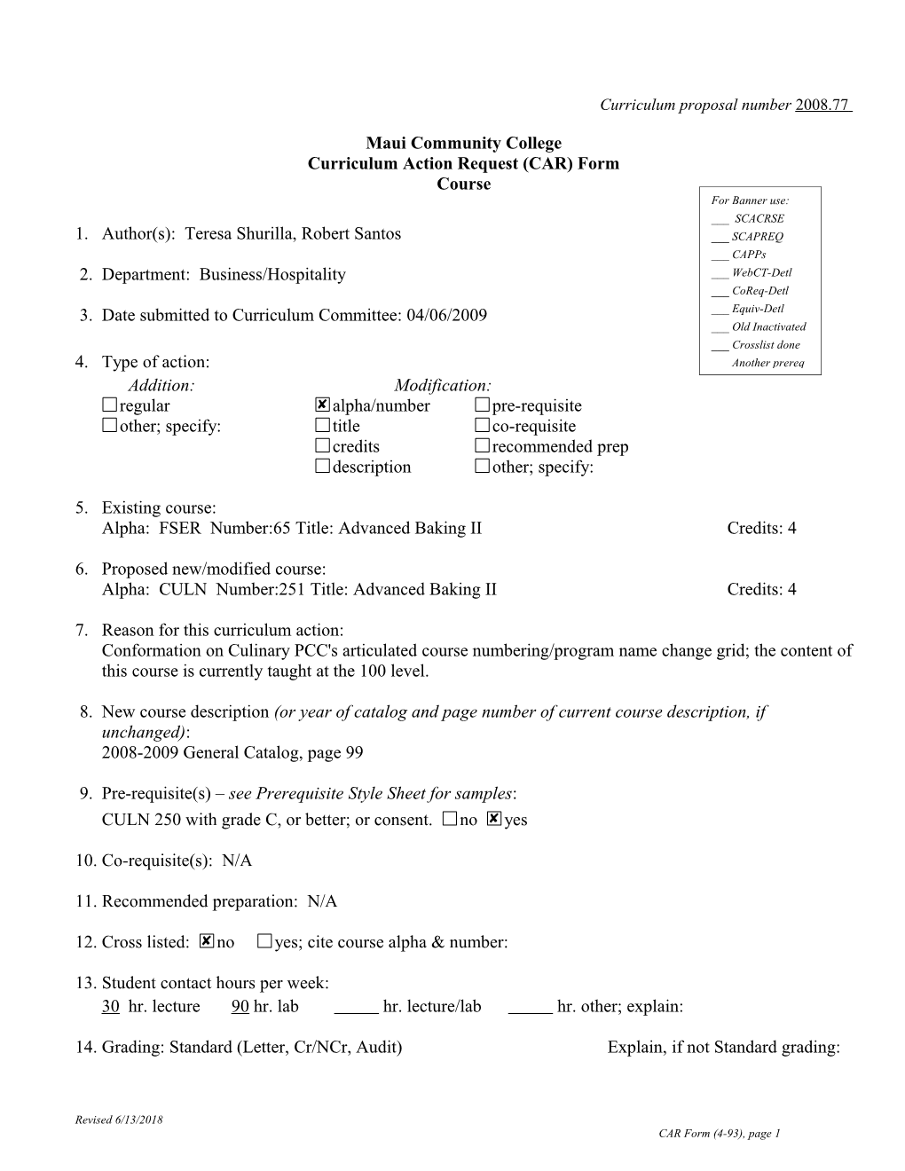 Curriculum Proposal Number 2008