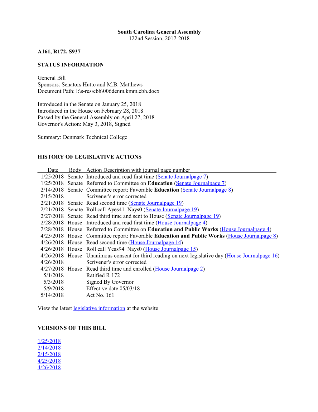 2017-2018 Bill 937: Denmark Technical College - South Carolina Legislature Online