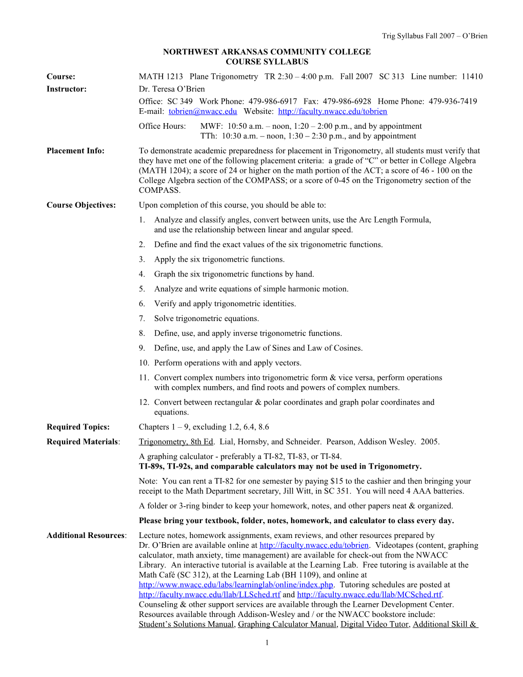 Trig Syllabus TR 2.30 F07