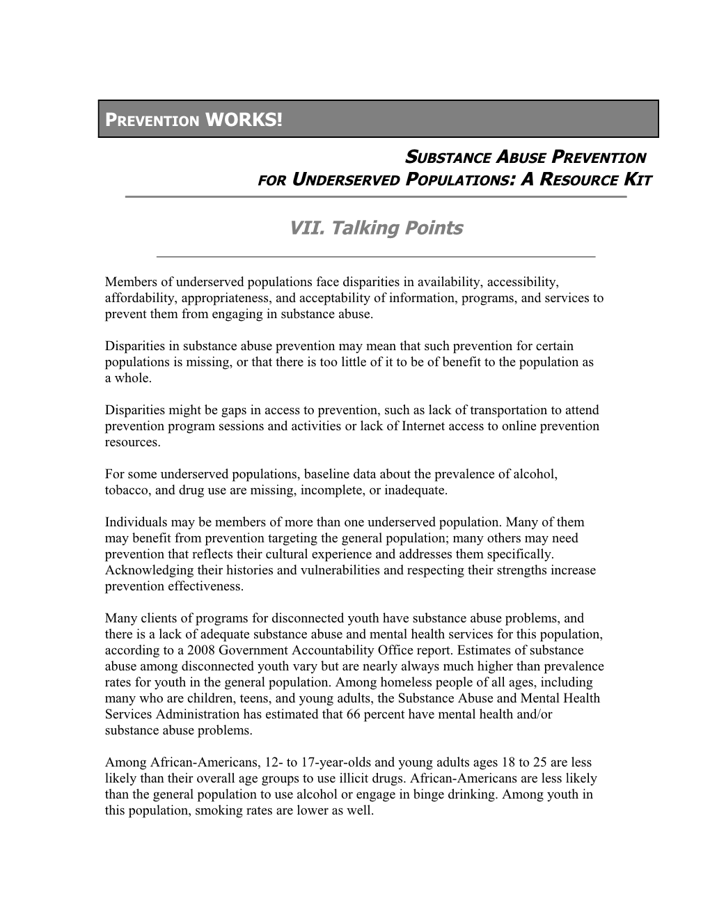 Underserved Populations Resource Kit: Talking Points