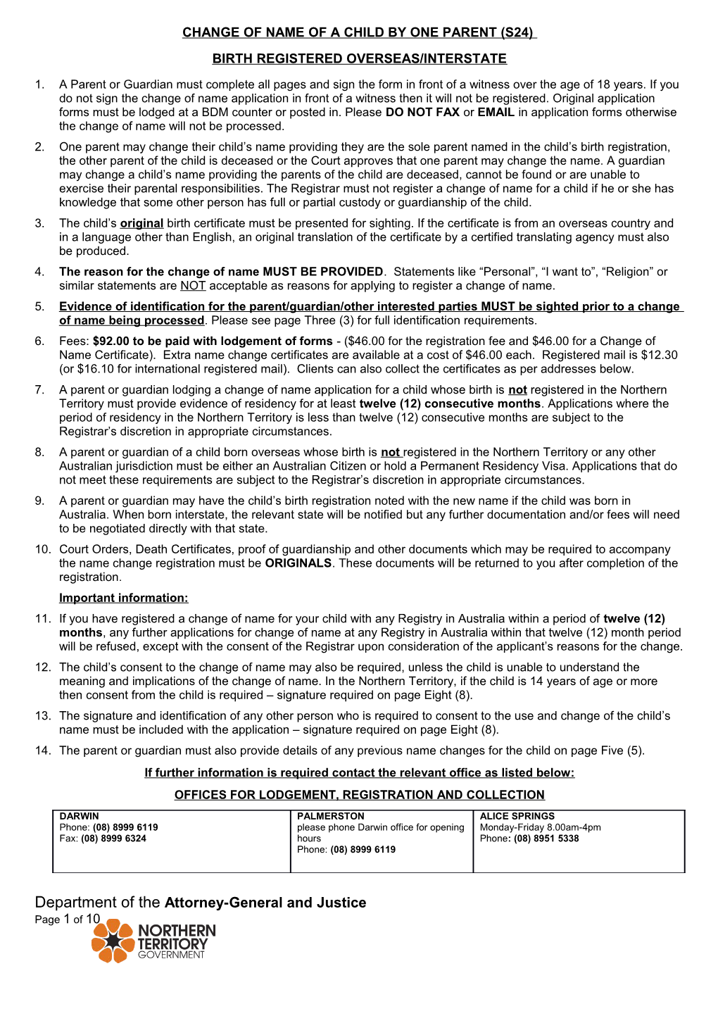 Change of Name Form Interstate Or Overseas Birth One Parent