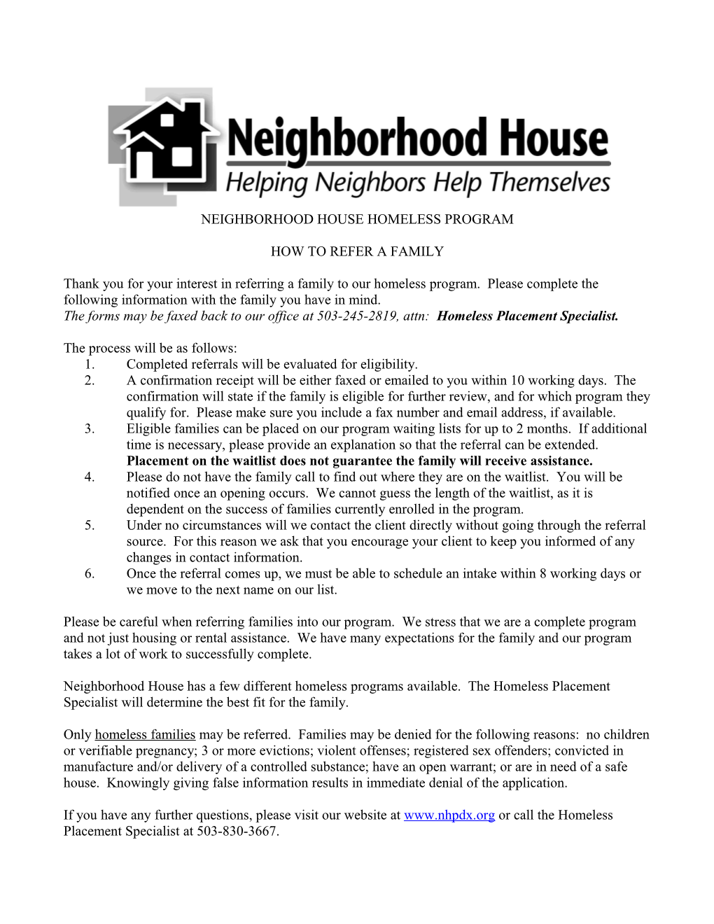 Neighborhood House Homeless Program