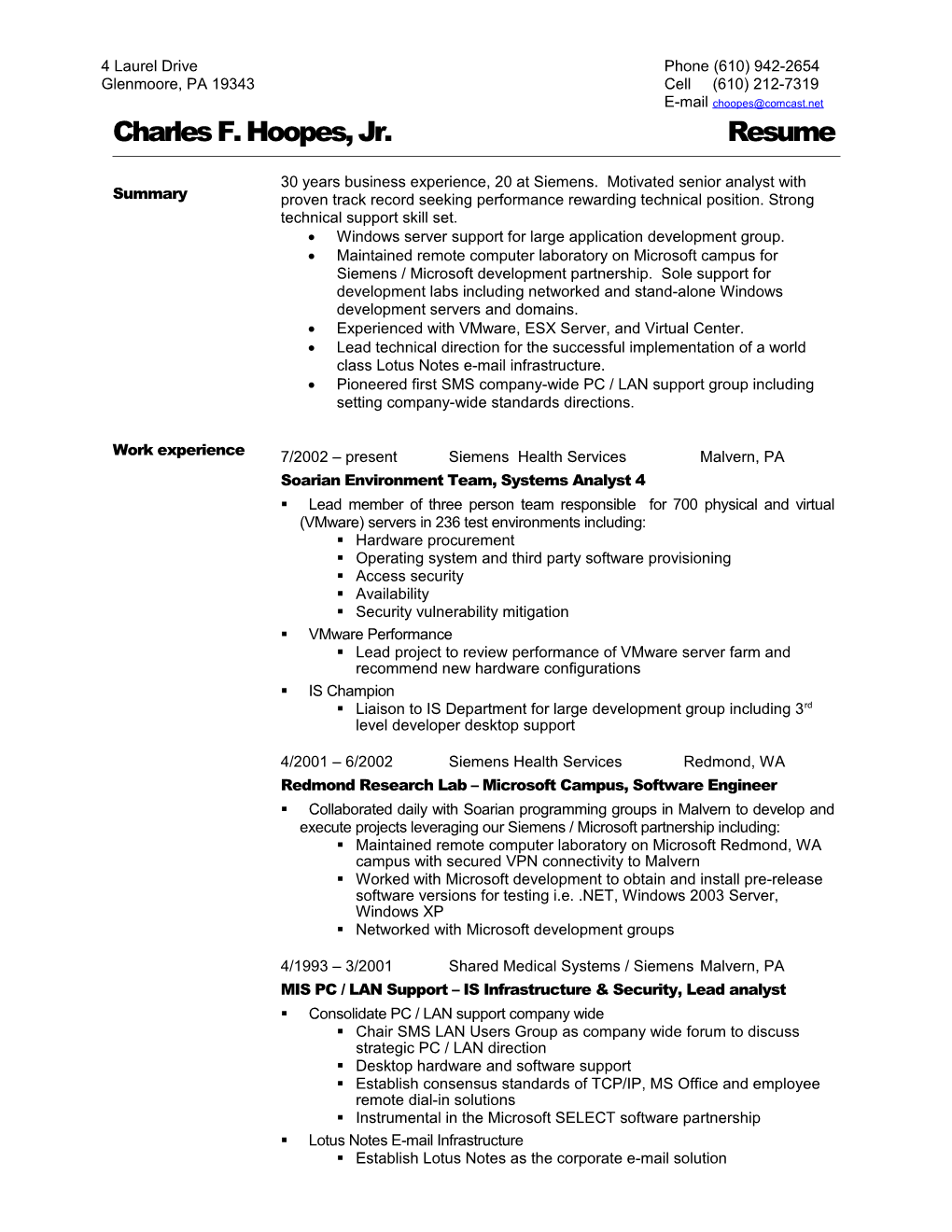 Charles F. Hoopes, Jr. Resume