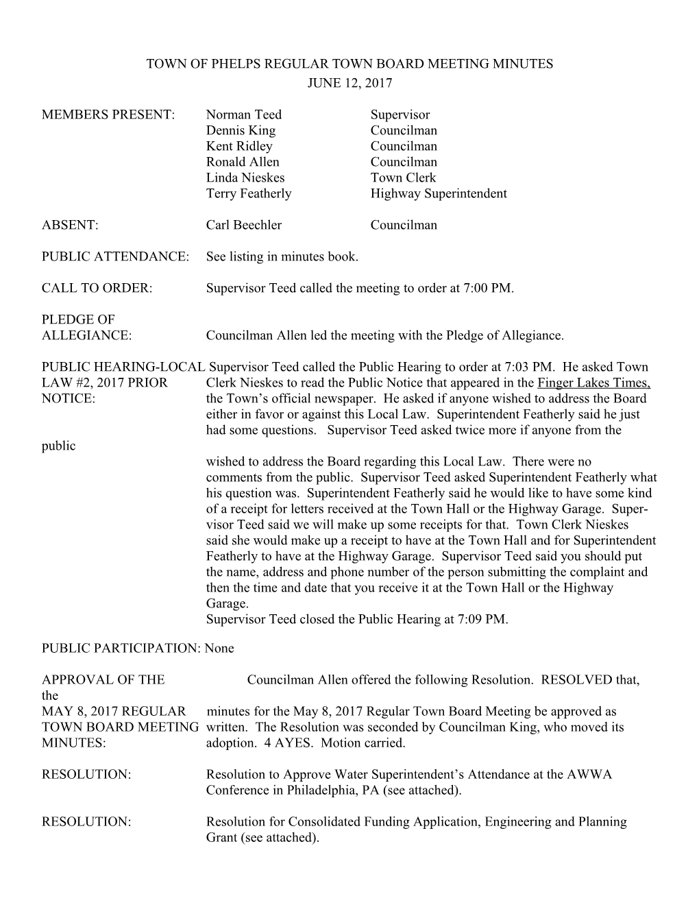 Town of Phelps Regular Town Board Meeting Minutes s1