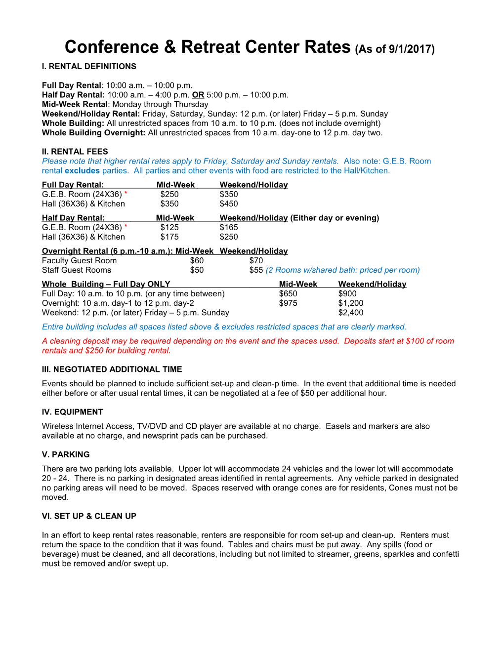 Conference & Retreat Center Rates(As of 9/1/2017)