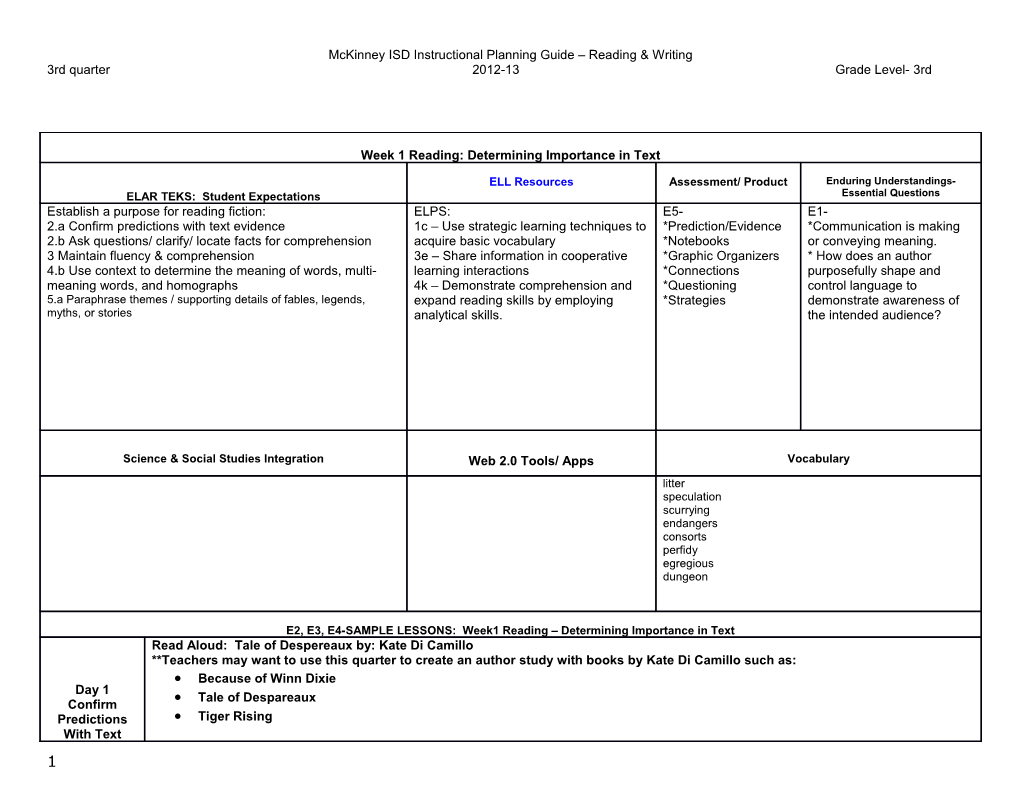 Mckinney ISD Instructional Planning Guide Reading & Writing