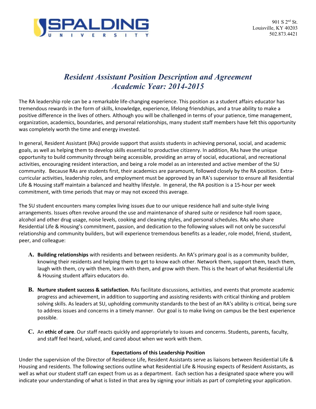 Resident Assistant Position Description and Agreement