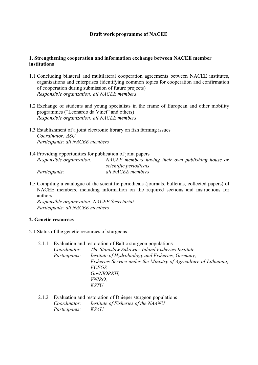 Draft Work Programme of NACEE