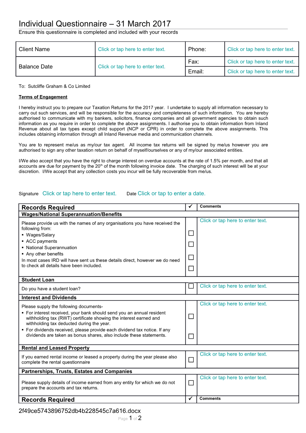 Ensure This Questionnaire Is Completed and Included with Your Records