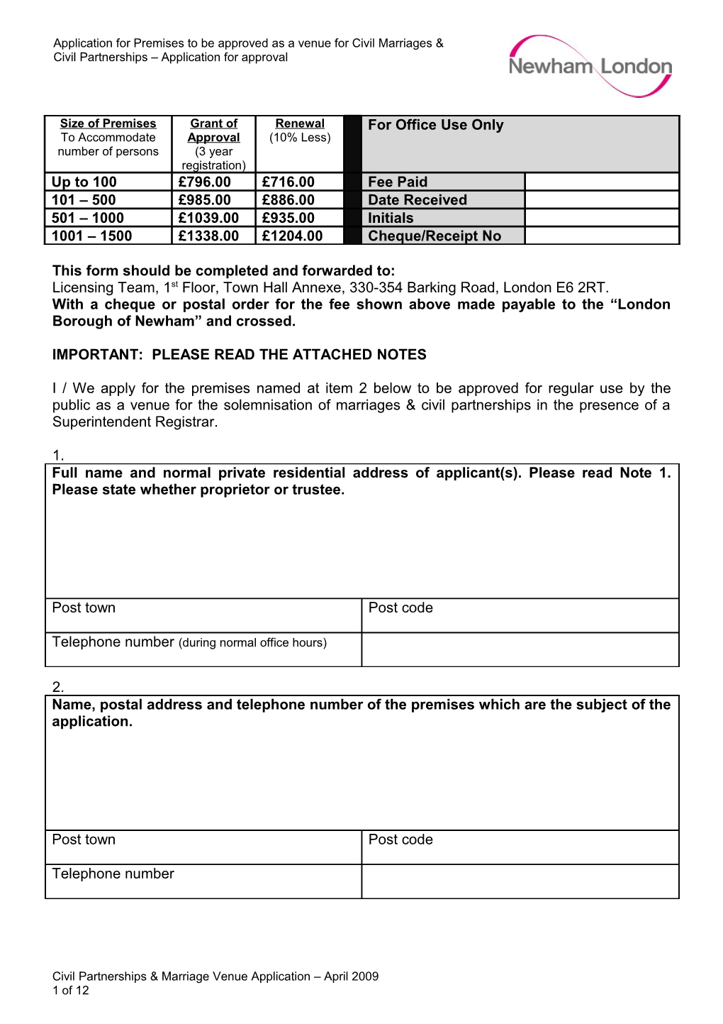 Marriage Premises Licence Application Form