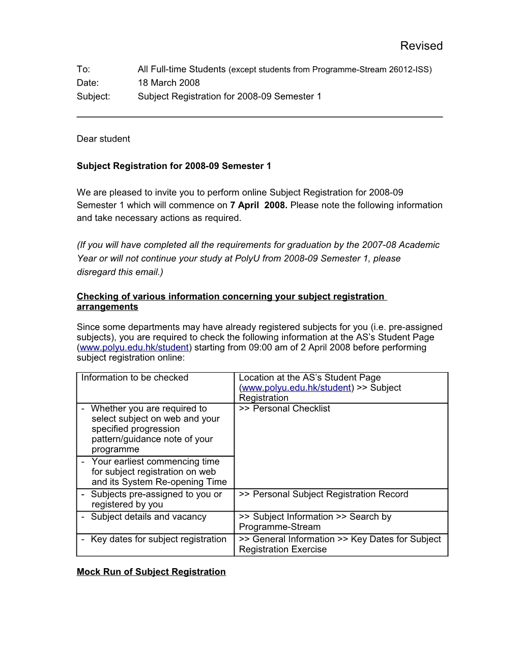 Subject Registration for 2008-09 Semester 1