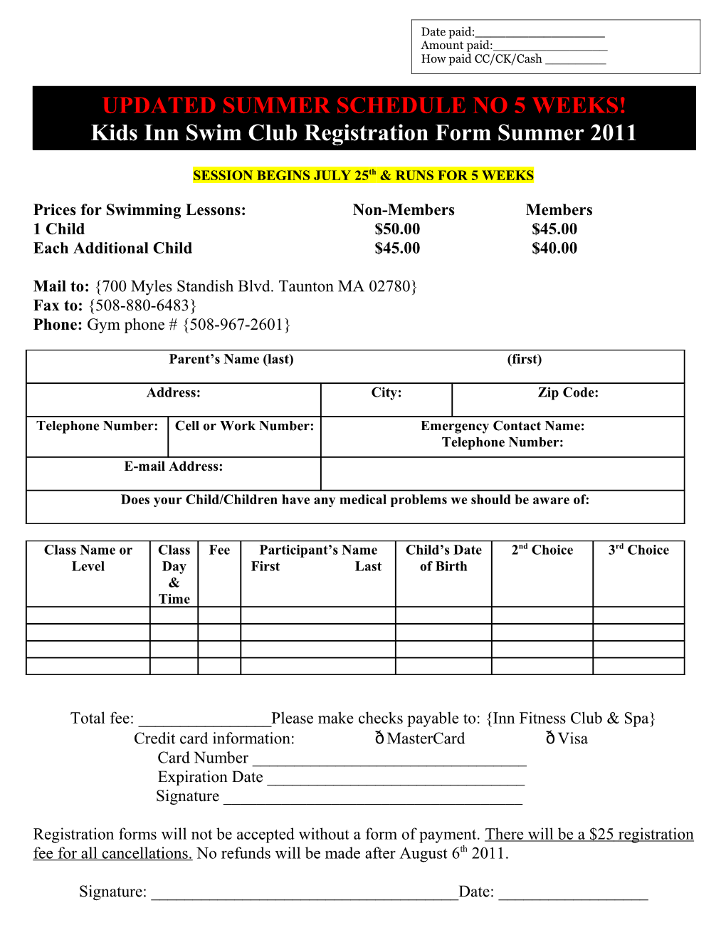 Kids Inn Swim Club Registration Form