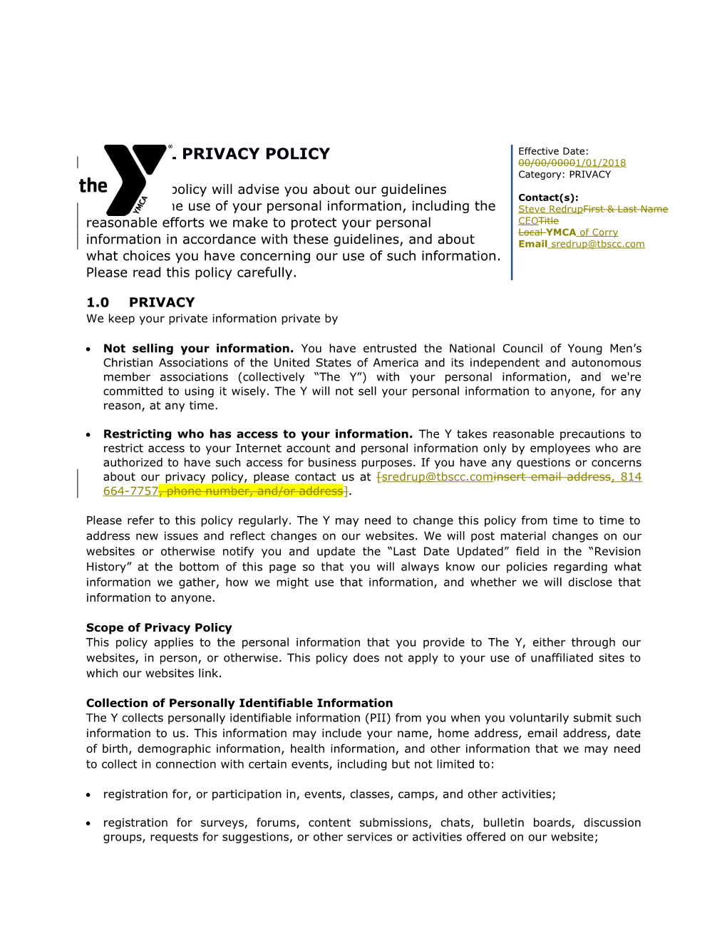 YMCA External Privacy Policy Template