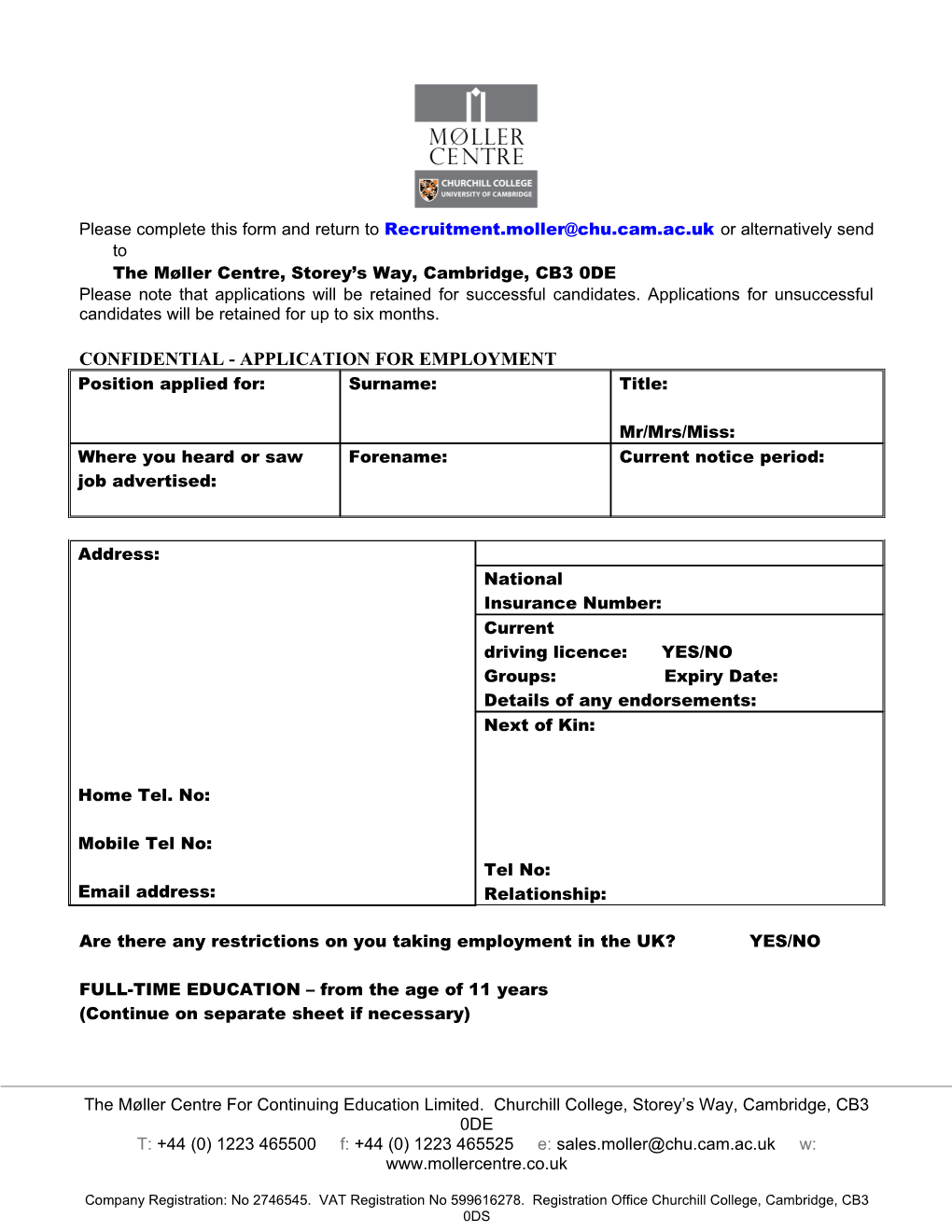 Confidential - Application for Employment