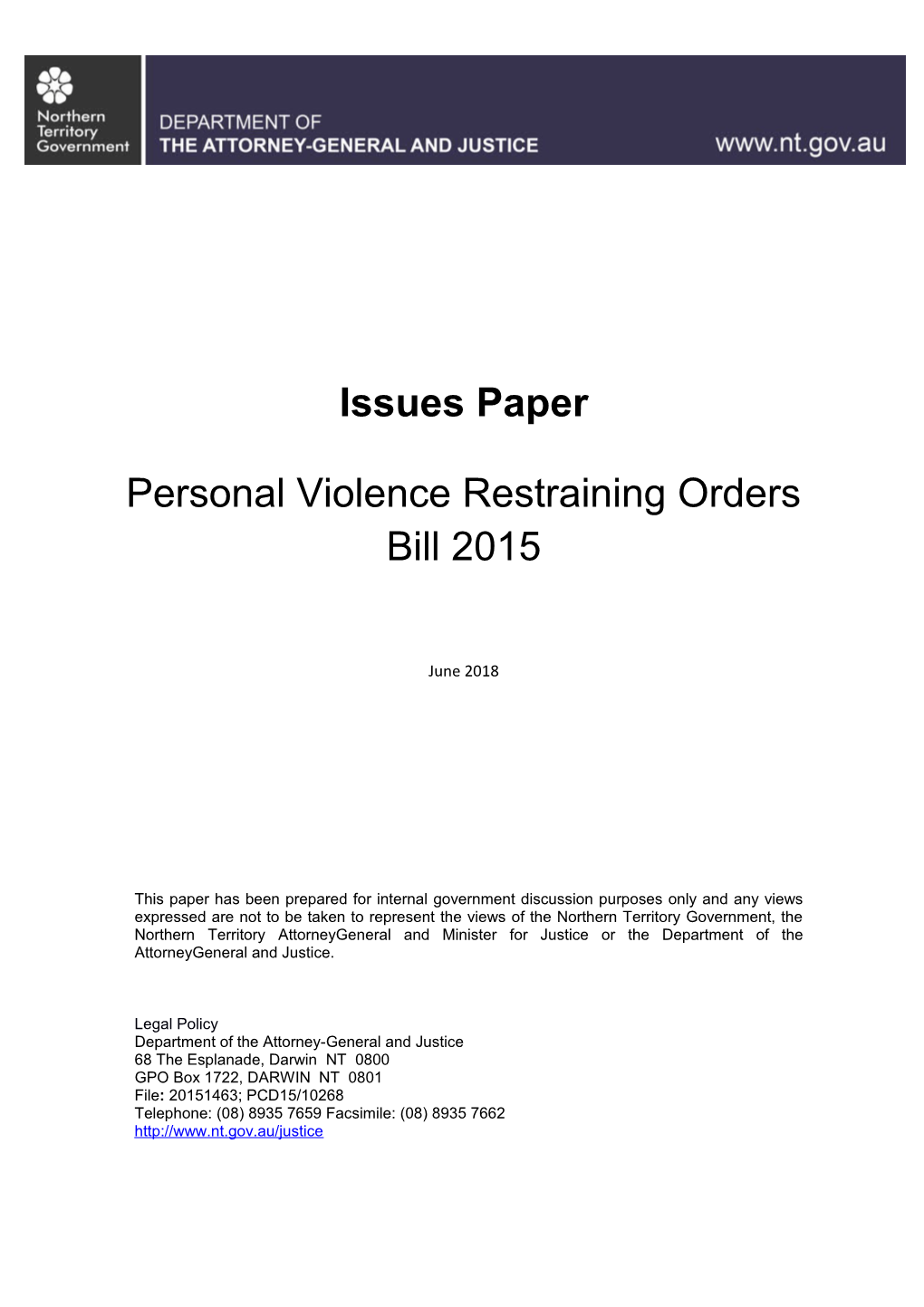 Issues Paper on the Personal Violence Restraining Orders Bill 2015