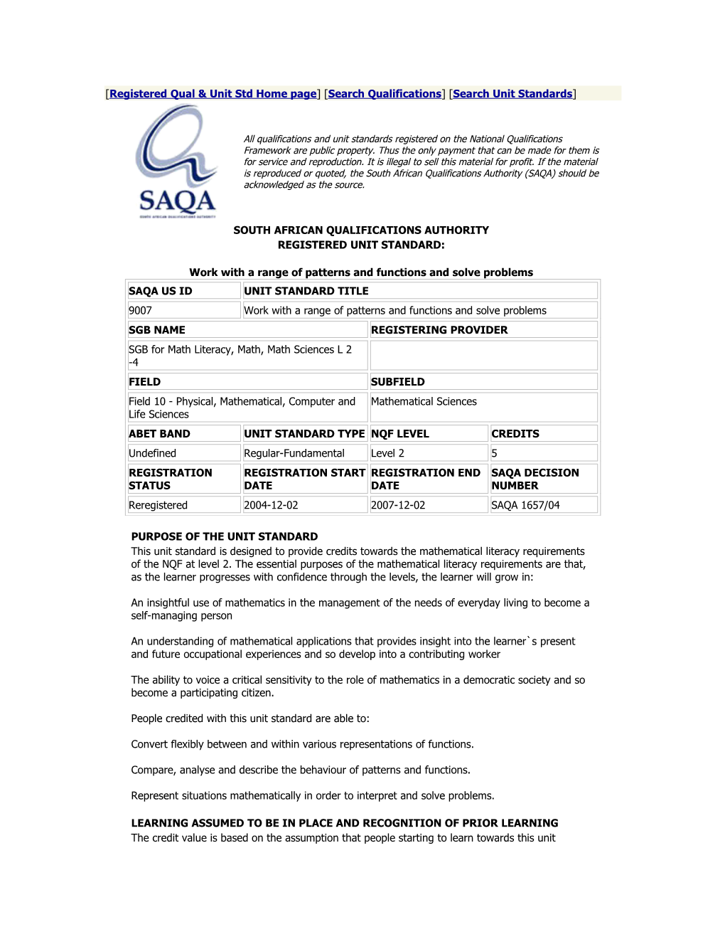 Registered Qual & Unit Std Home Page Search Qualifications Search Unit Standards s1