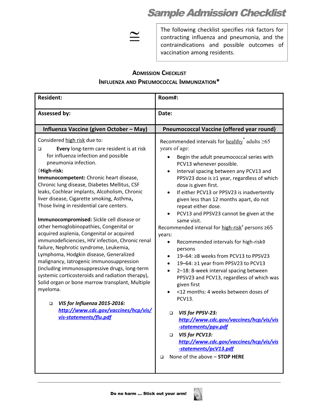 Sample Admission Checklist for Determination of Vaccination Status