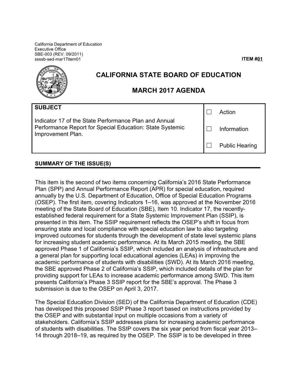 March 2017 Agenda Item 01 - Meeting Agendas (CA State Board of Education)