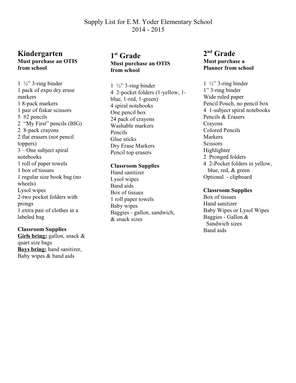Supply List for E.M. Yoder Elementary School