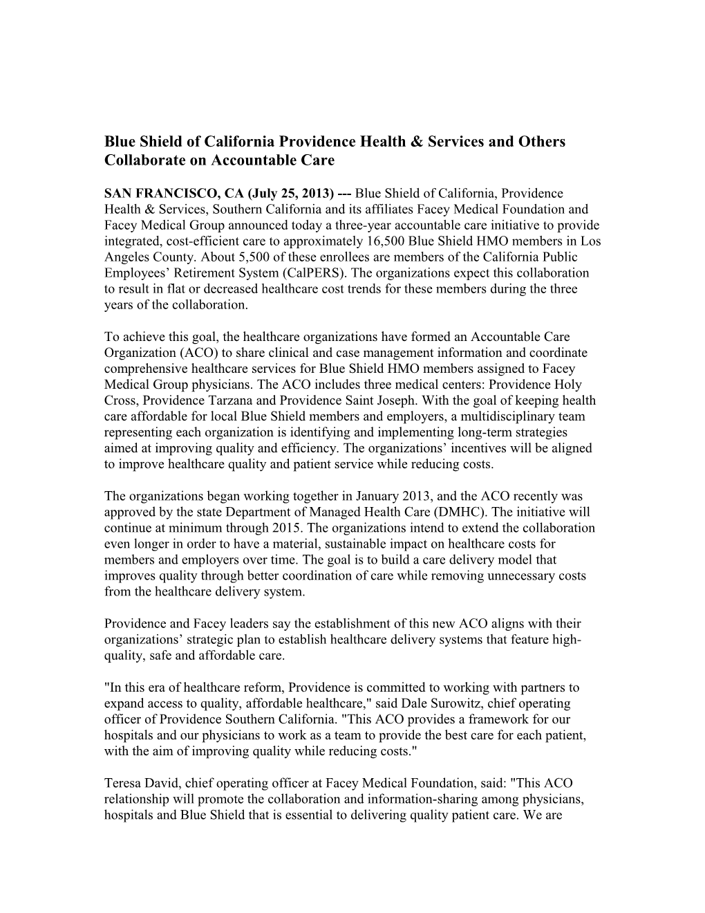 Blue Shield of California Providence Health & Services and Others Collaborate on Accountable