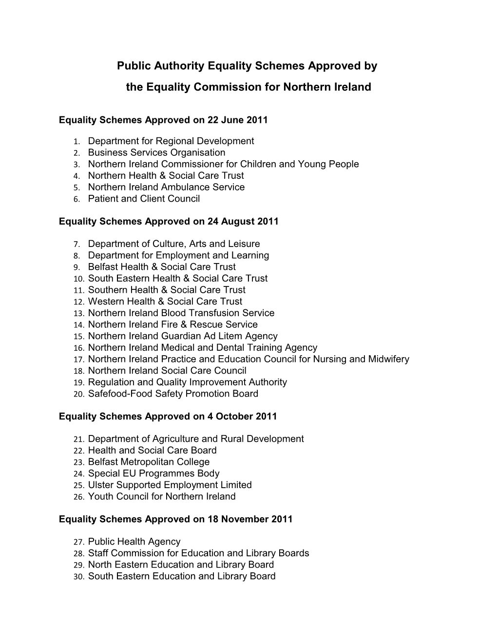Public Authority Equality Schemes Approved By