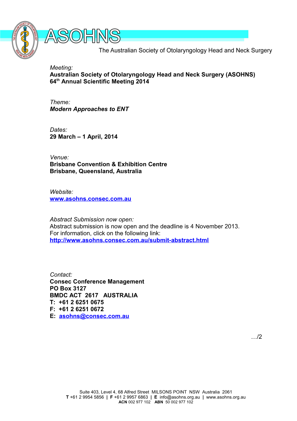 Australian Society of Otolaryngology Head and Neck Surgery (ASOHNS)