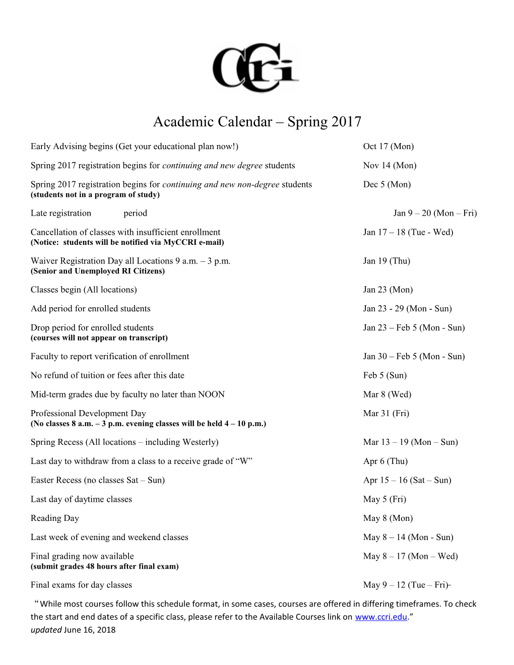 Academic Calendar Spring 2017