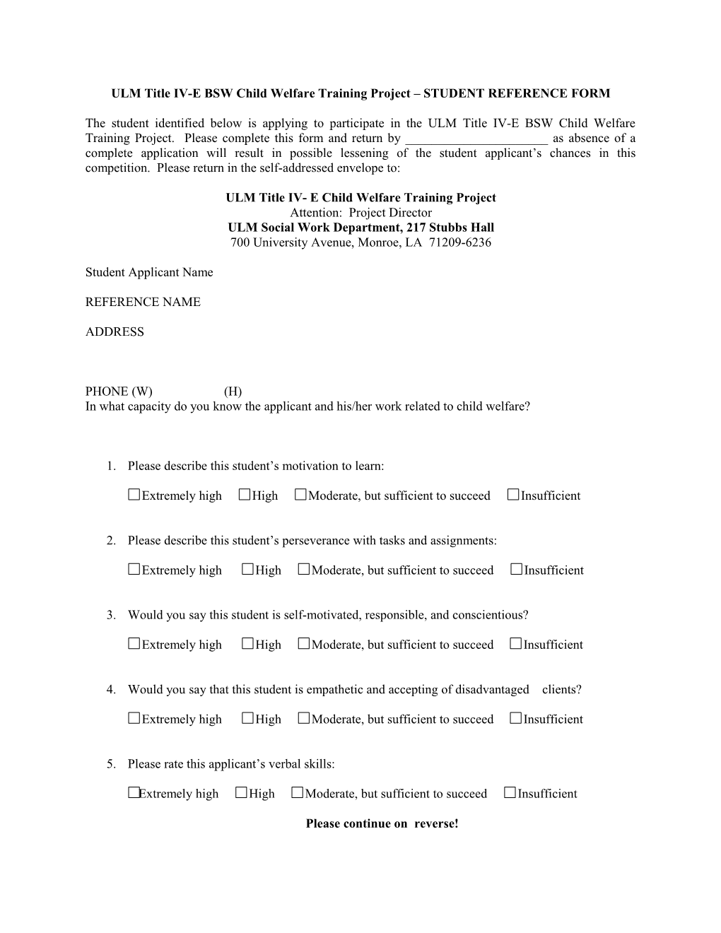 ULM Title IV-E BSW Child Welfare Training Project STUDENT REFERENCE FORM