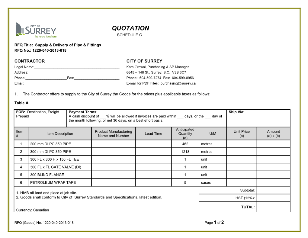 RFQ Title: Supply & Delivery of Pipe & Fittings