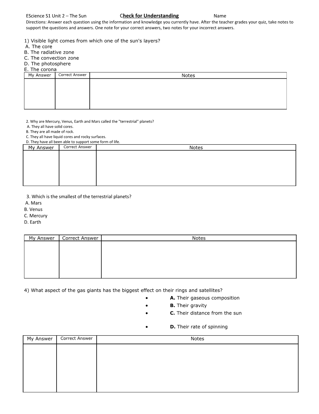 Escience S1 Unit 2 the Sun C Heck for Understanding Name