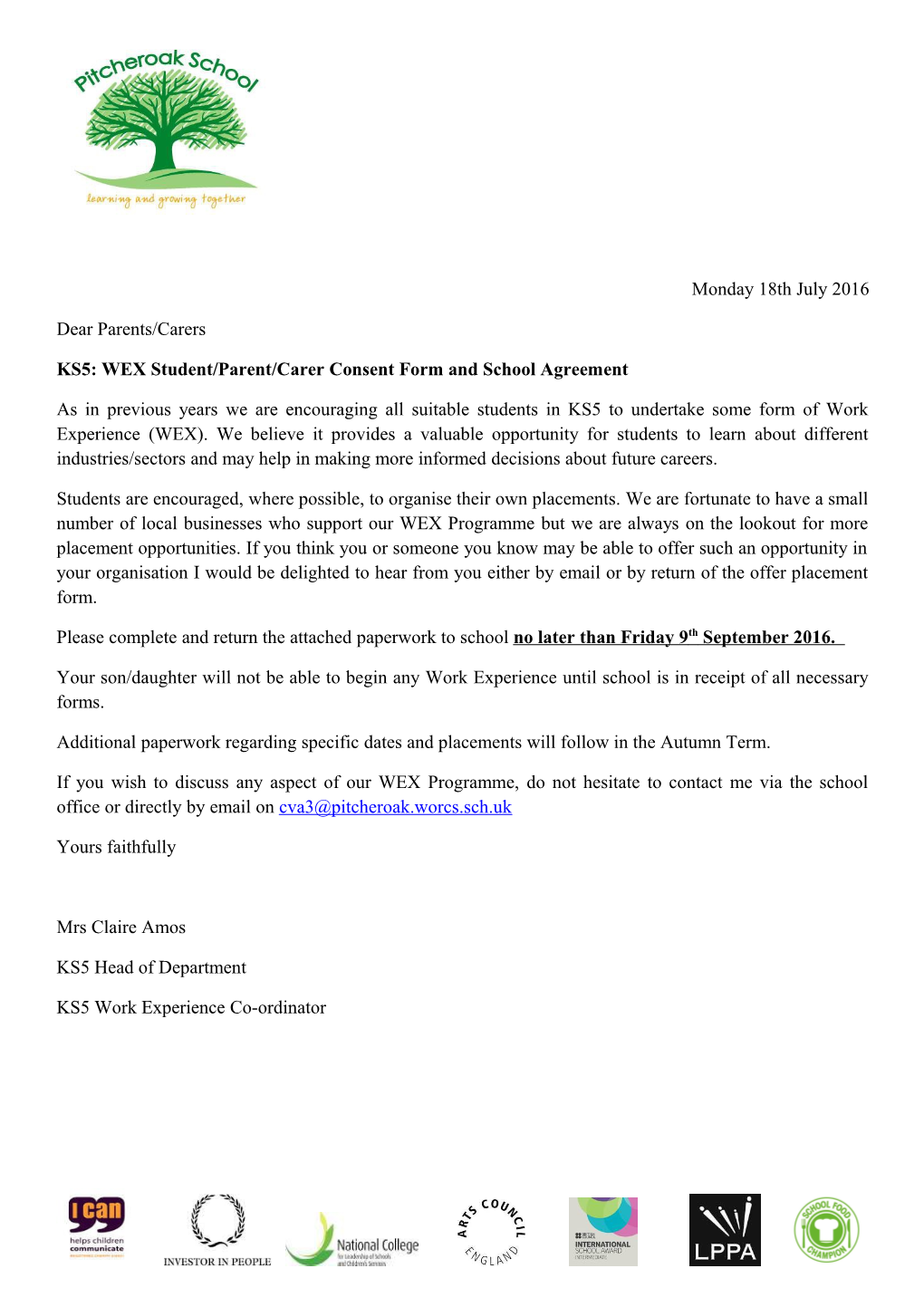 KS5: WEX Student/Parent/Carer Consent Form and School Agreement