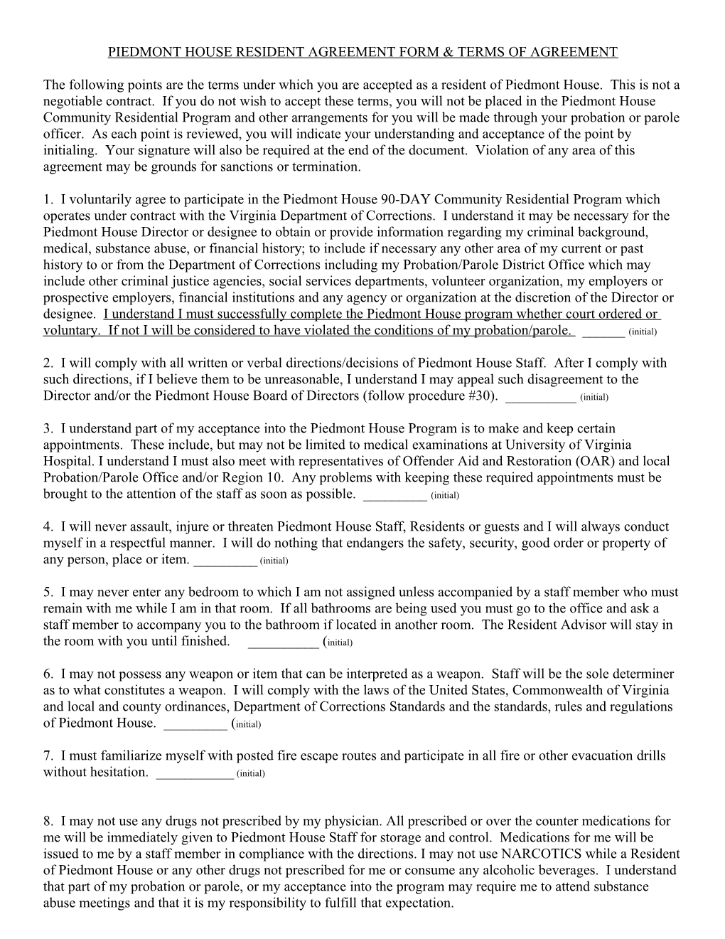 Piedmont House Resident Agreement Form & Terms of Agreement