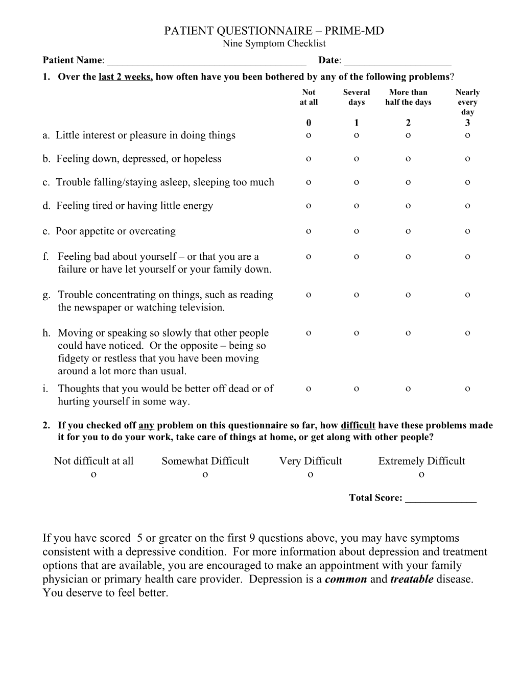 Patient Questionnaire Prime-Md