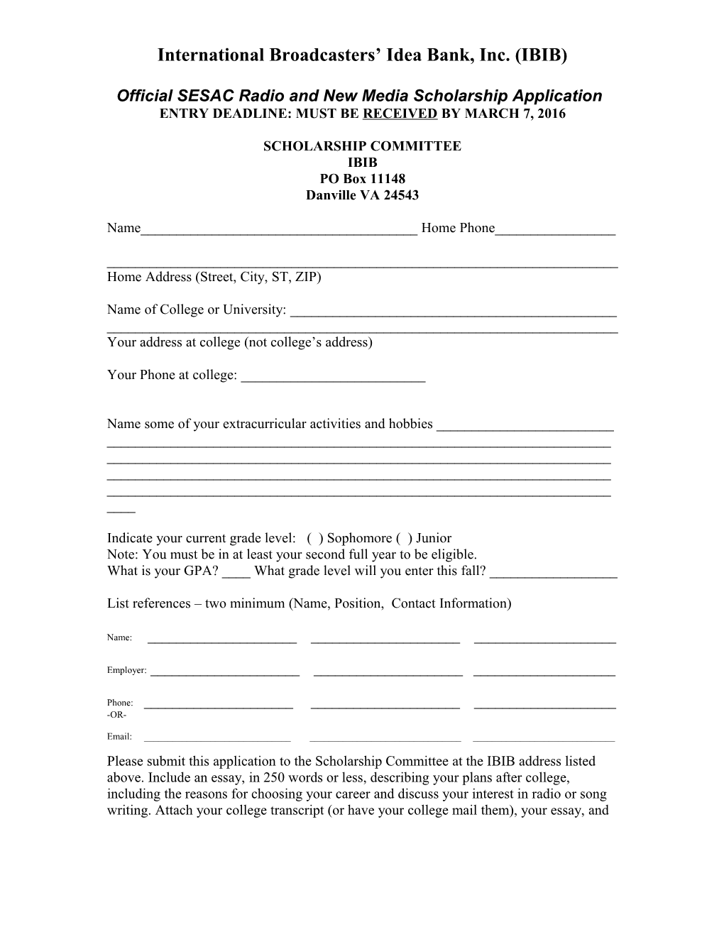 Official SESAC Radio Scholarship Application Form