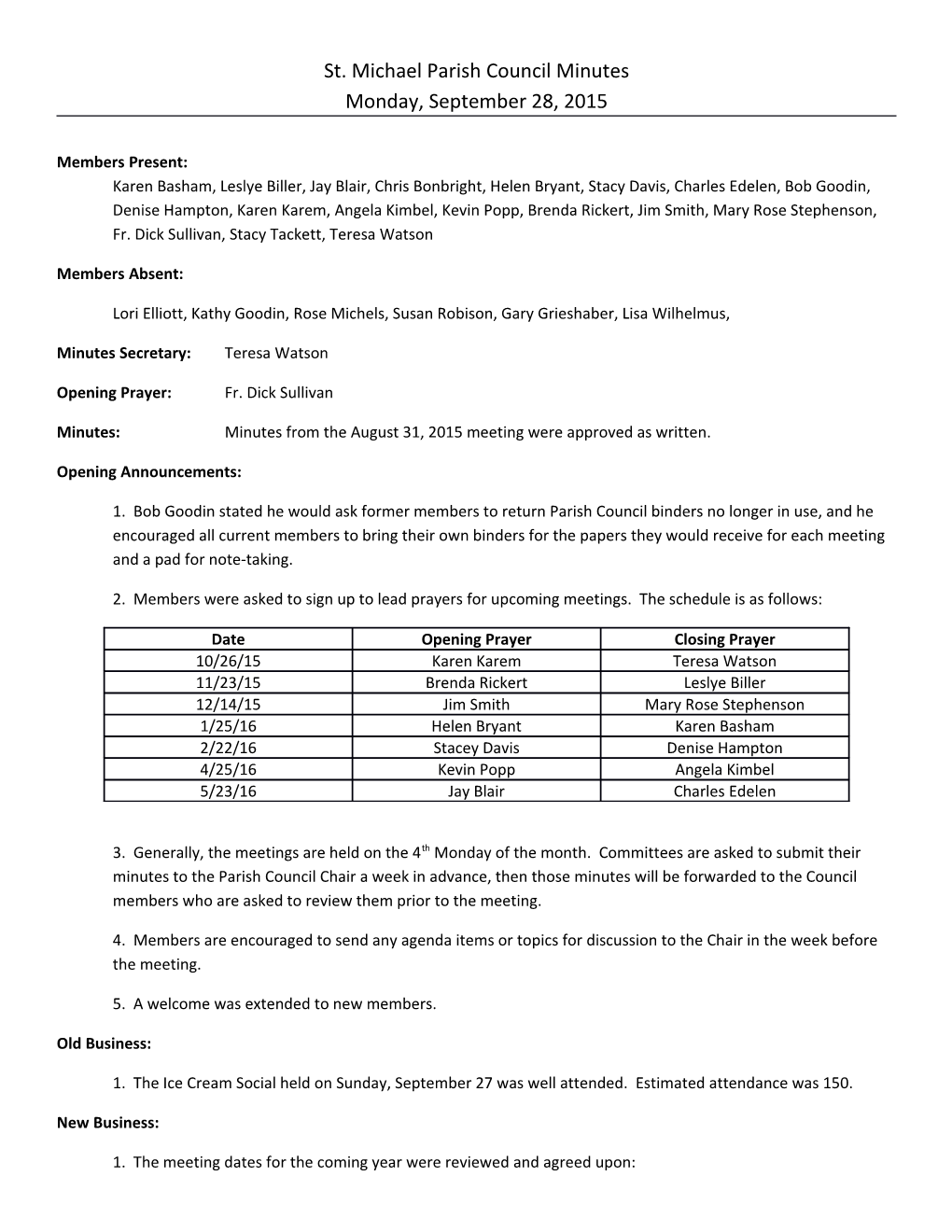 St. Michael Parish Council Minutes